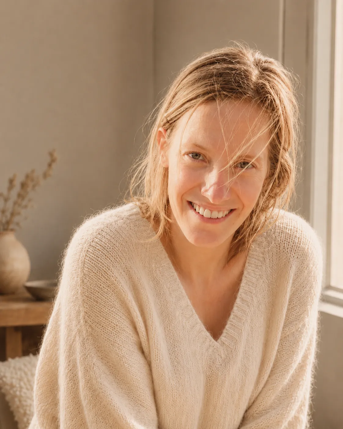 Porträt von Aline Müller-Dagan: sie blickt direkt und freundlich in die Kamera, weiches Tageslicht, heller Strickpullover.