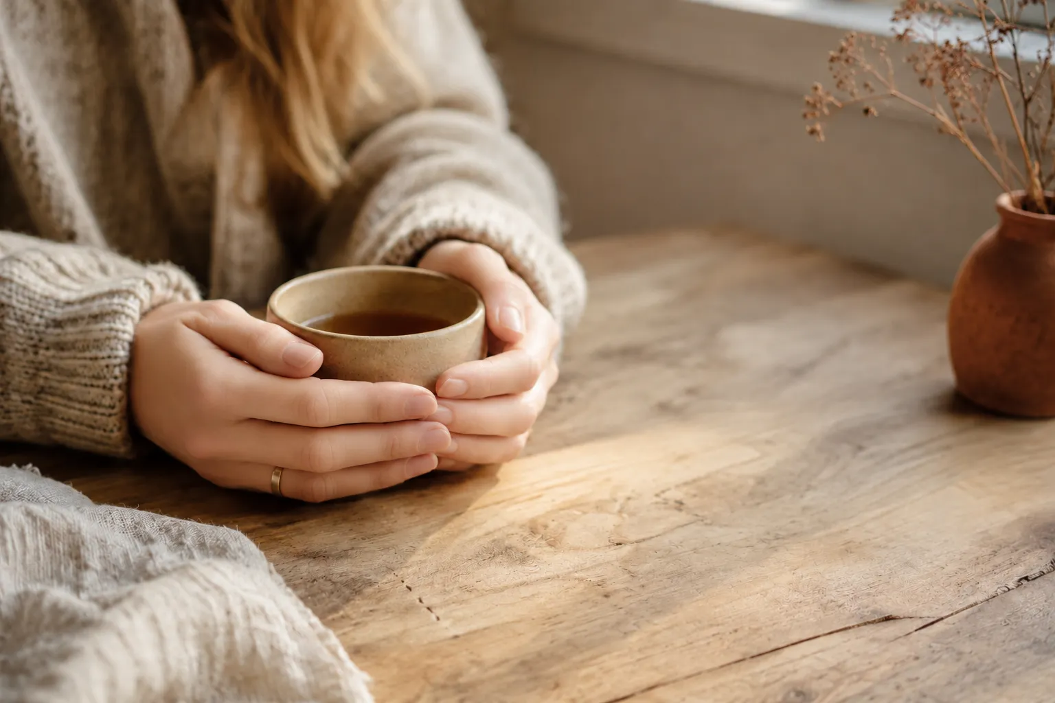 Zwei Hände umschliessen eine Keramiktasse mit Tee an einem hölzernen Tisch im Morgenlicht.