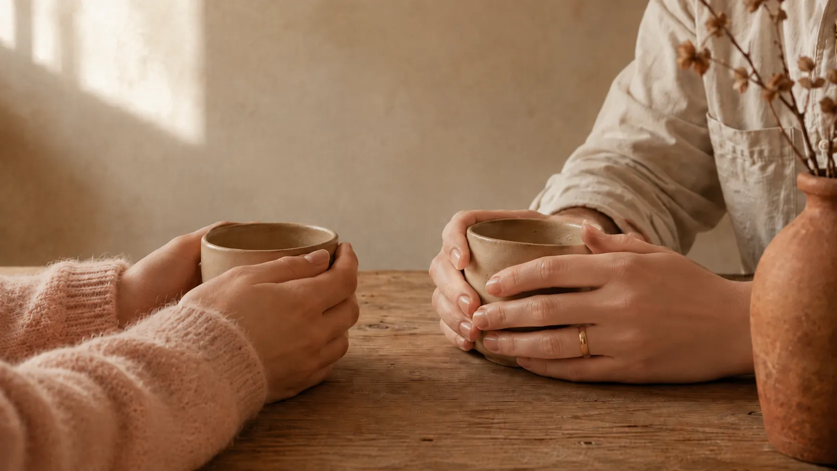 Zwei Erwachsene sitzen einander an einem Holztisch gegenüber, jeder hält eine Tasse, das Licht fällt weich durch ein Fenster.